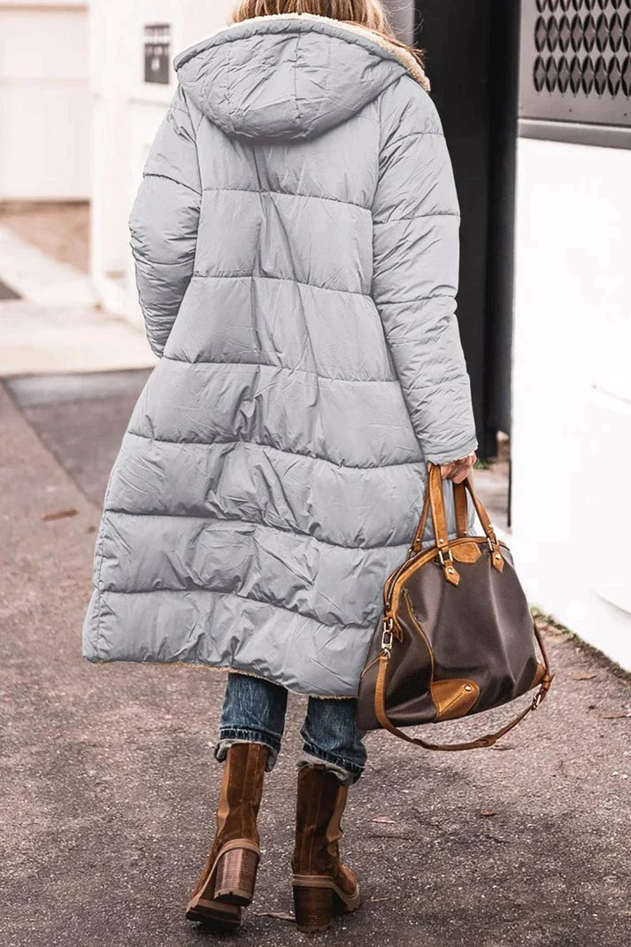 Manteau long réversible doublé teddy, coloris gris, vue de dos