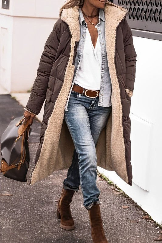 Manteau long réversible doublé teddy, coloris marron