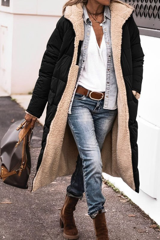 Manteau long réversible doublé teddy, coloris noir