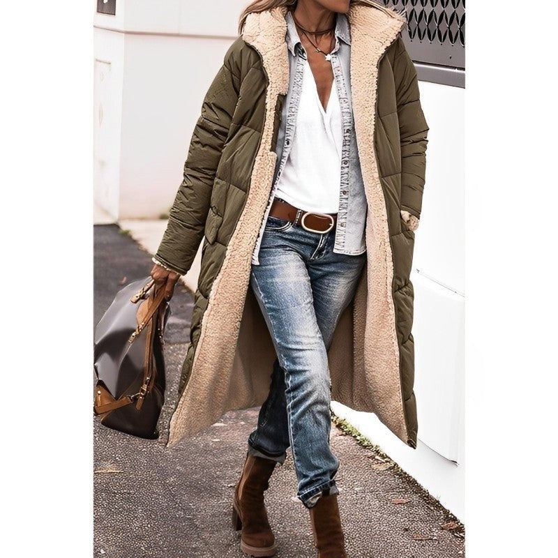 Manteau long réversible doublé teddy, coloris vert militaire