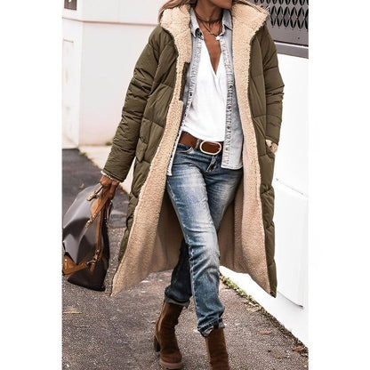 Manteau long réversible doublé teddy, coloris vert militaire