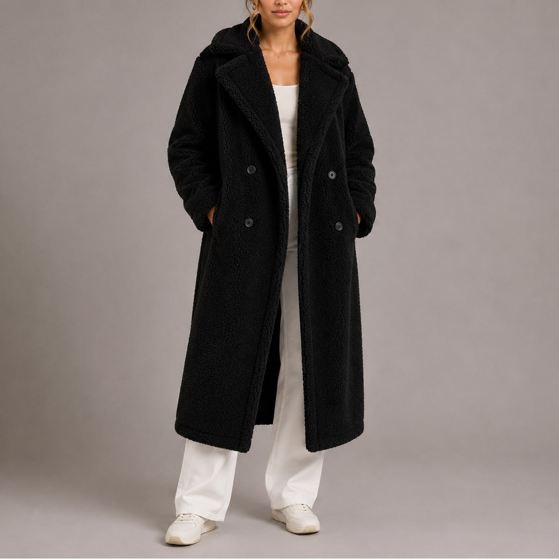 Céline | Femme Teddy Long Croisé Fausse Fourrure Revers Hiver Manteau 2