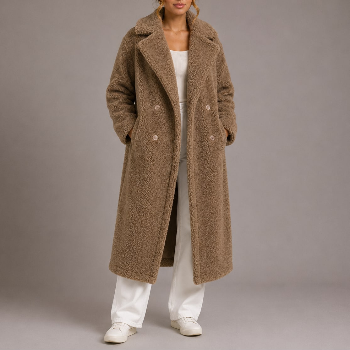 Céline | Femme Teddy Long Croisé Fausse Fourrure Revers Hiver Manteau 3
