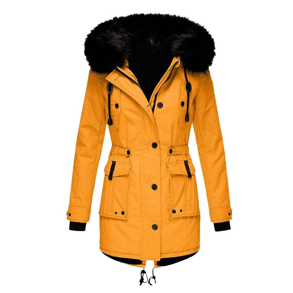 Parka d'hiver à capuche fausse fourrure, coloris moutarde