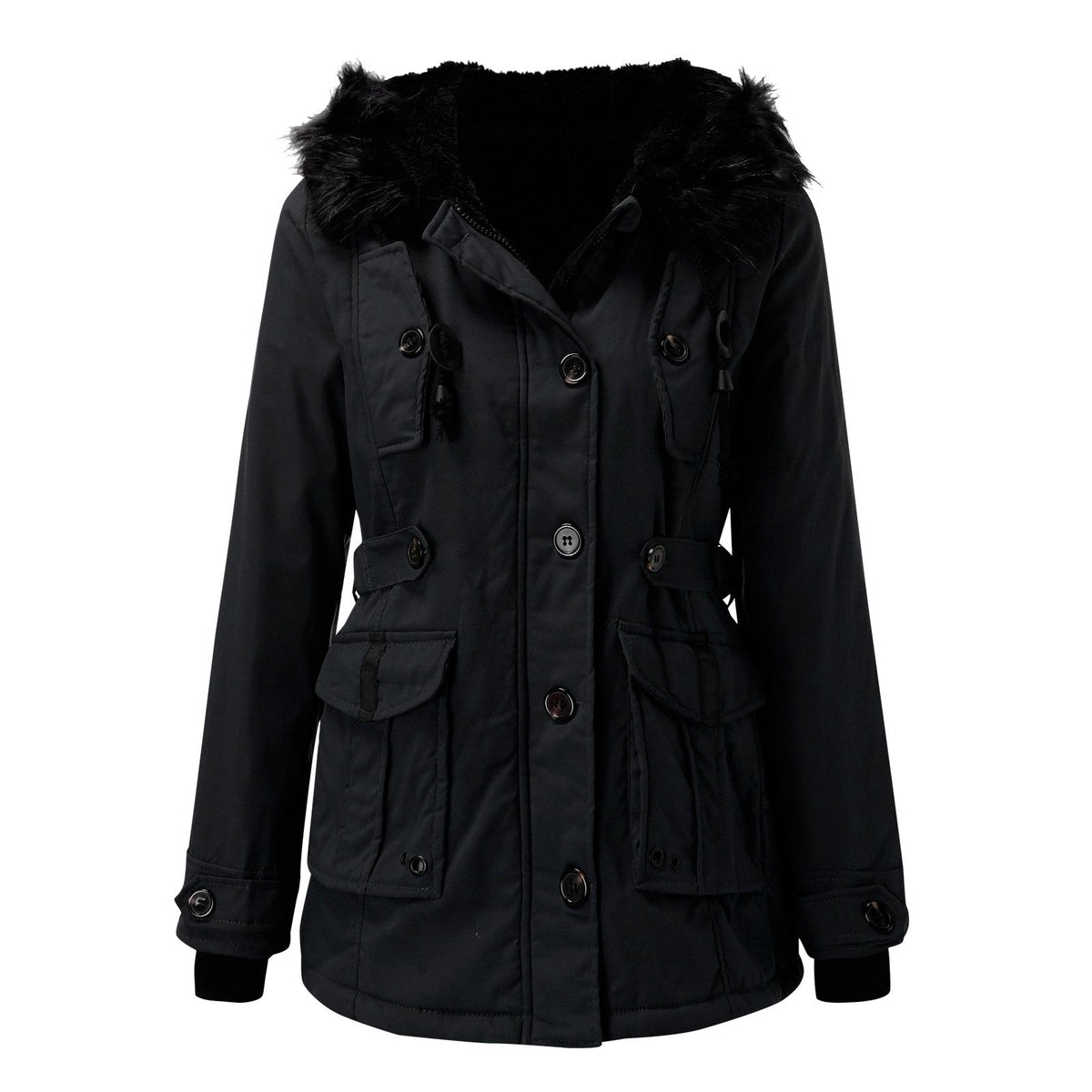 Parka d'hiver à capuche fausse fourrure, coloris noir, vue de face