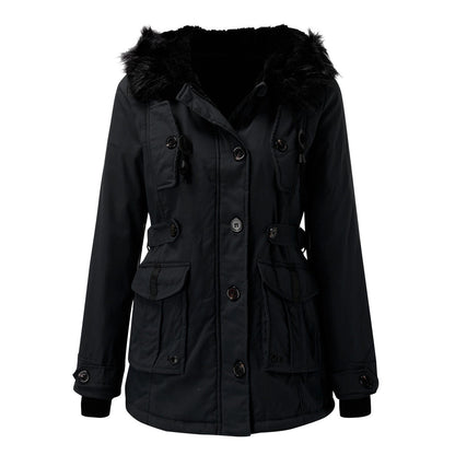 Parka d'hiver à capuche fausse fourrure, coloris noir, vue de face
