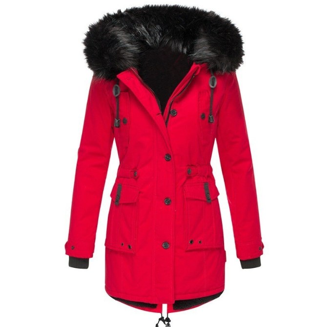 Parka d'hiver à capuche fausse fourrure, coloris rouge