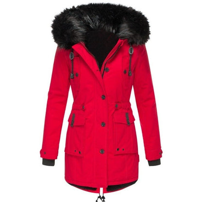Parka d'hiver à capuche fausse fourrure, coloris rouge