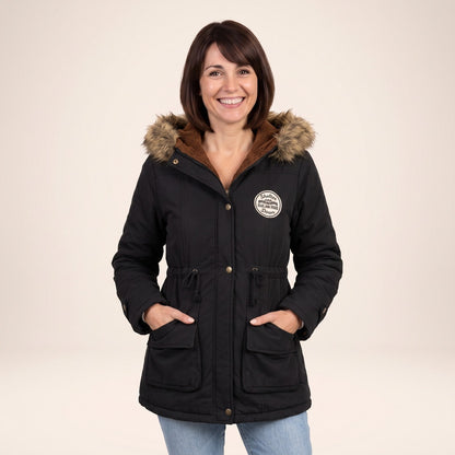 Parka femme mi-longue à capuche noire avec taille à cordon 1