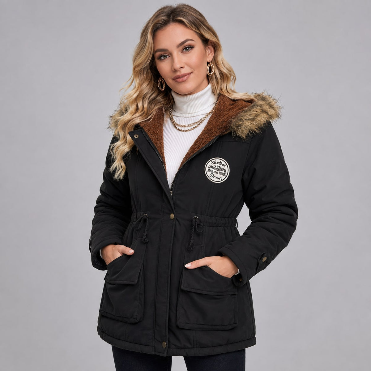 Parka femme mi-longue à capuche noire avec taille à cordon 1
