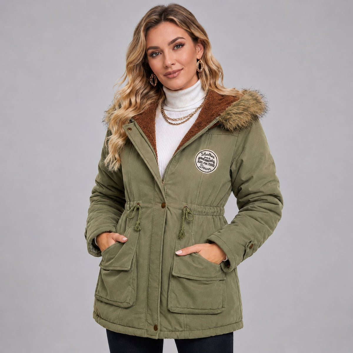 Parka femme mi-longue à capuche vert fougère 3