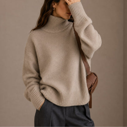 Perrine pull femme col roulé doux en maille beige
