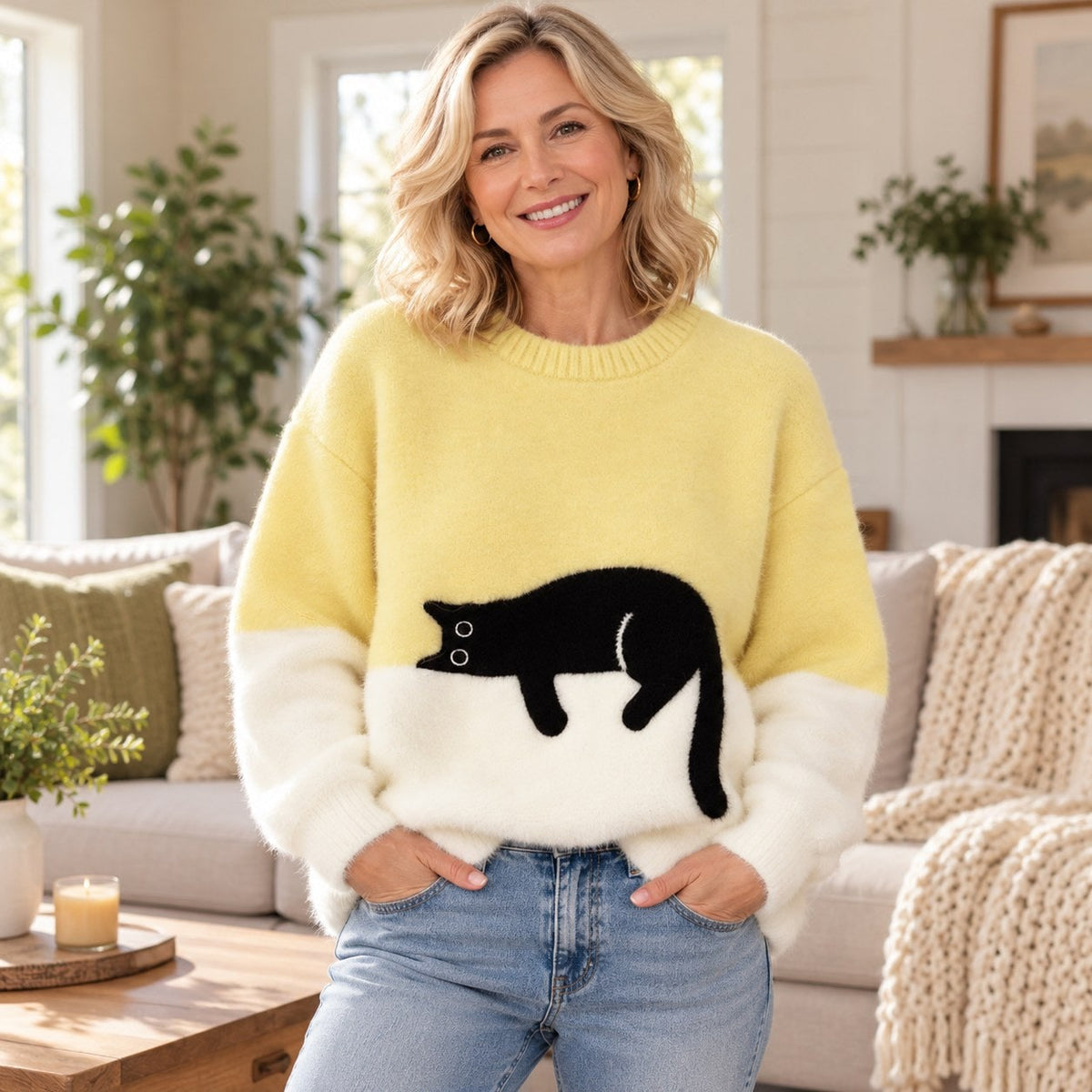 Pull femme imprimé chat, coupe décontractée relaxed fit 5