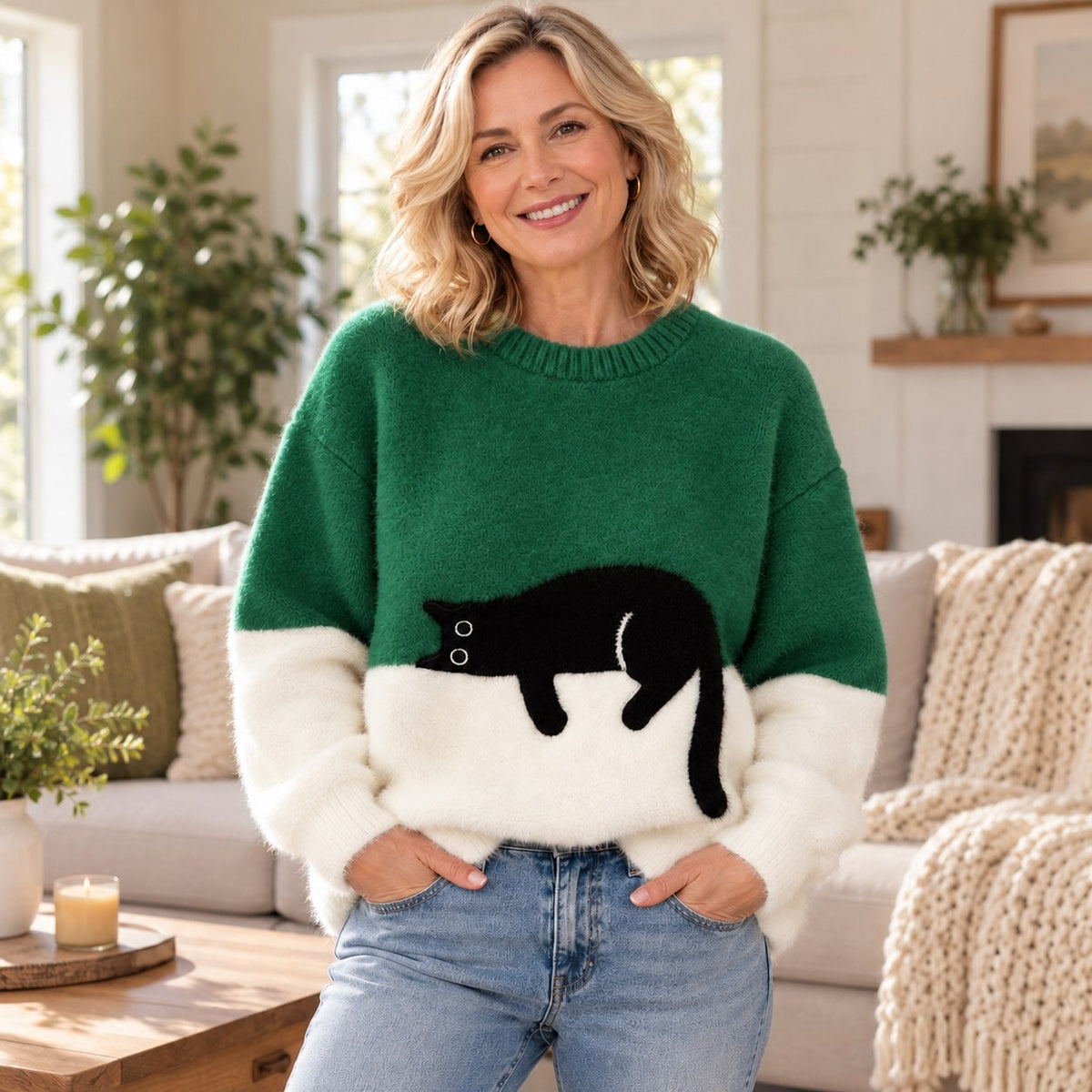 Pull femme imprimé chat, coupe décontractée relaxed fit 6