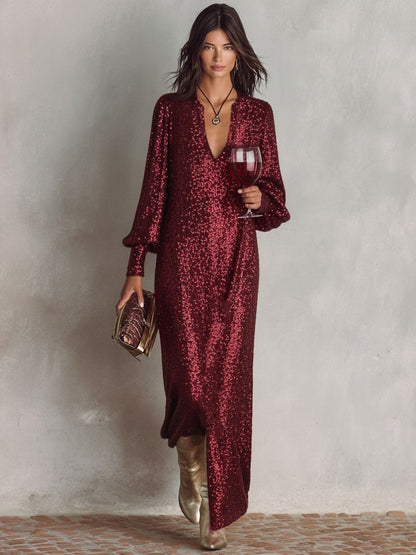 Robe de soirée longue scintillante femme, col en V 2