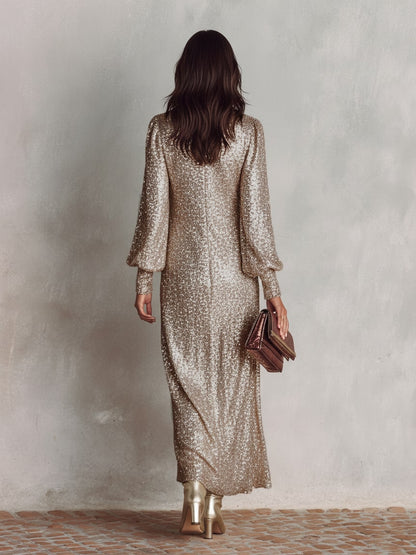 Robe de soirée longue scintillante femme, col en V 6