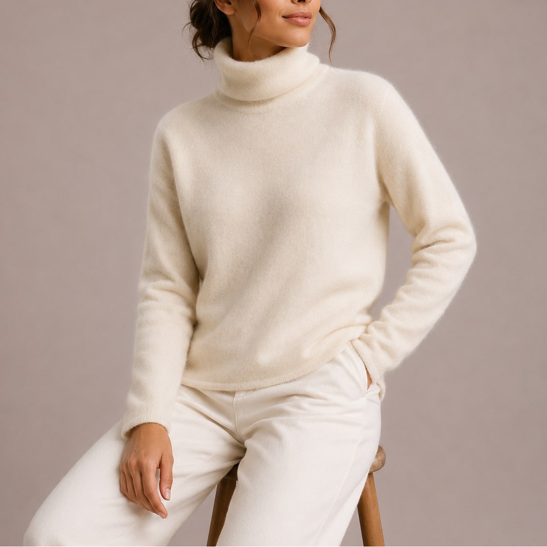 Zoé sous-pull femme col roulé en maille blanc assise