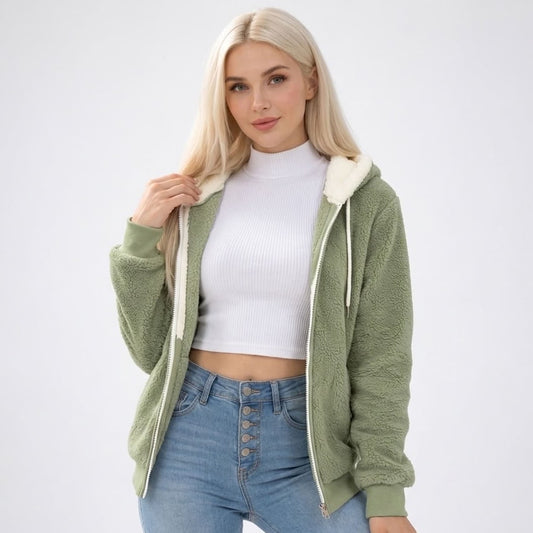 Sweat femme polaire teddy à capuche zippé vert