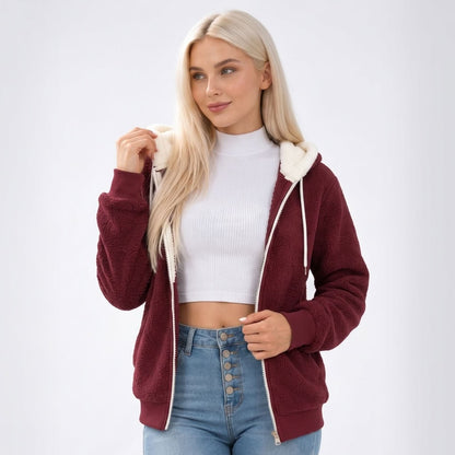 Sweat femme polaire teddy à capuche zippé bordeaux