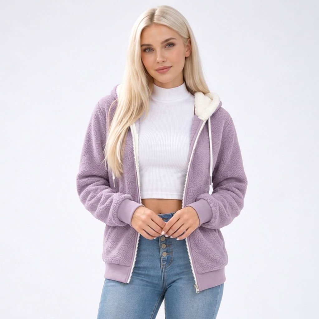 Sweat femme polaire teddy à capuche zippé violet