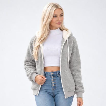 Sweat femme polaire teddy à capuche zippé gris