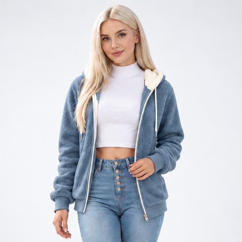 Sweat femme polaire teddy à capuche zippé bleu