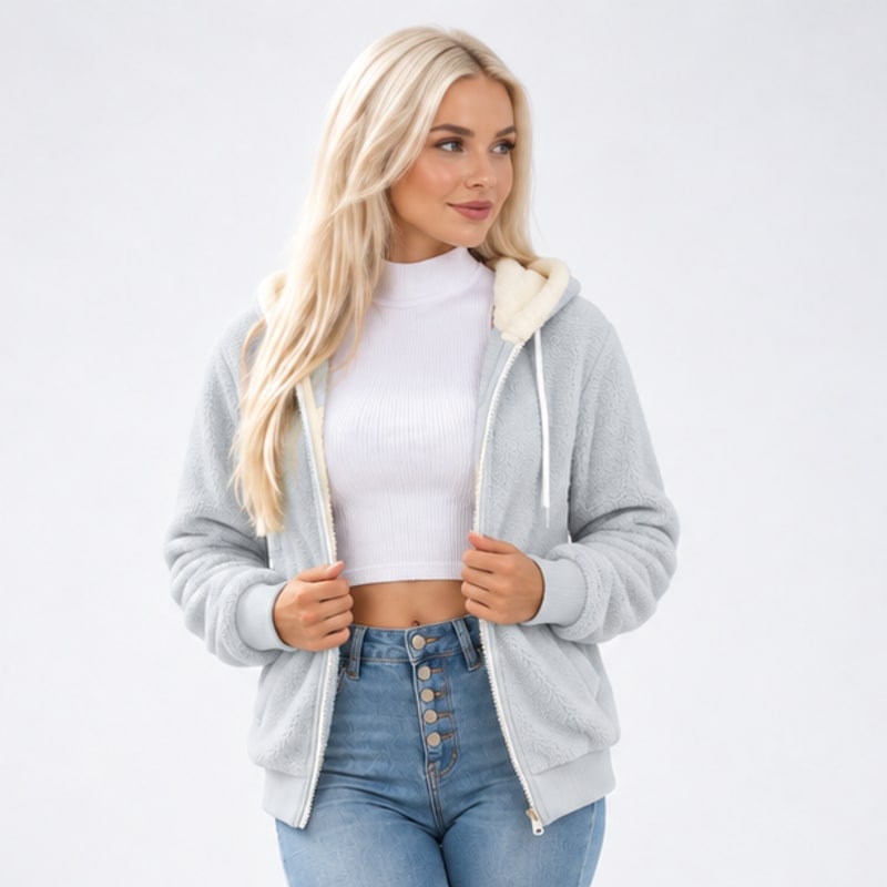 Sweat femme polaire teddy à capuche zippé gris clair