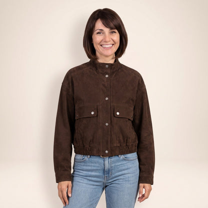 Veste courte femme effet daim marron foncé à col montant et boutons-pression