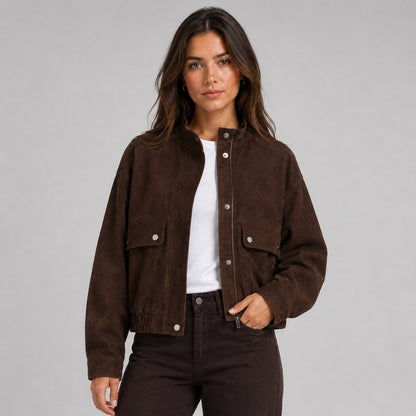 Veste courte femme effet daim marron foncé à col montant