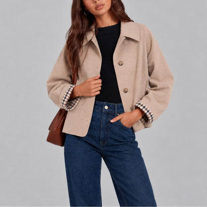 Anouk veste courte femme style trench doublée à carreaux beige