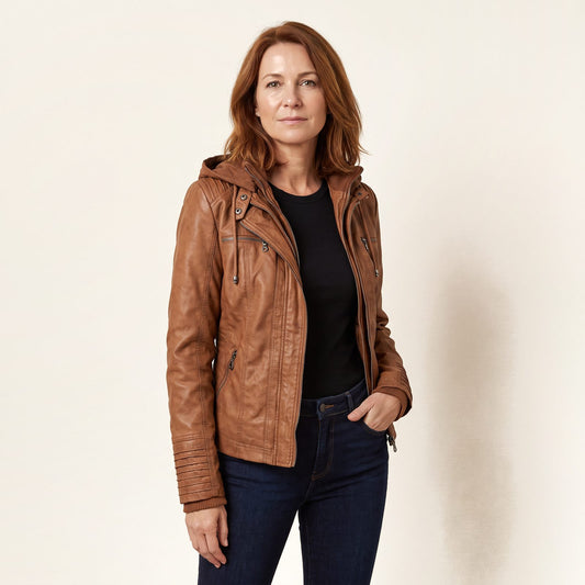 Veste effet cuir à capuche amovible, coloris cognac, portée