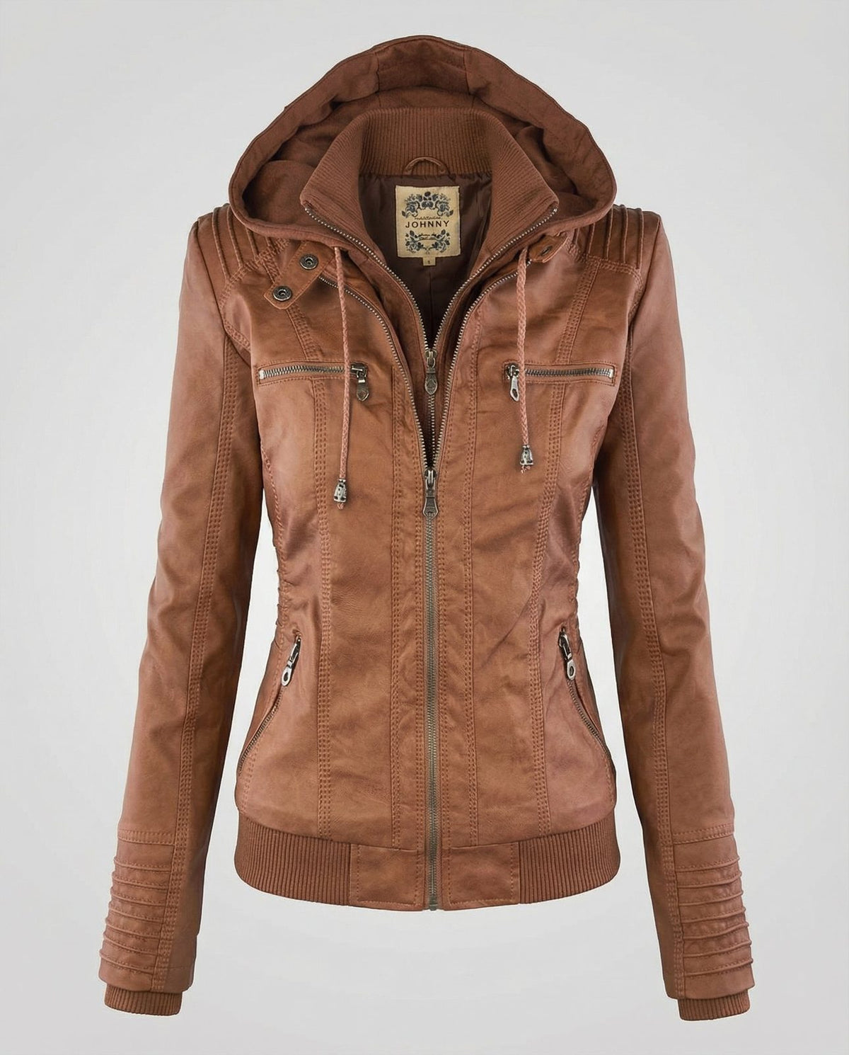 Veste effet cuir à capuche amovible, coloris cognac, vue produit