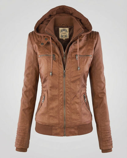 Veste effet cuir à capuche amovible, coloris cognac, vue produit