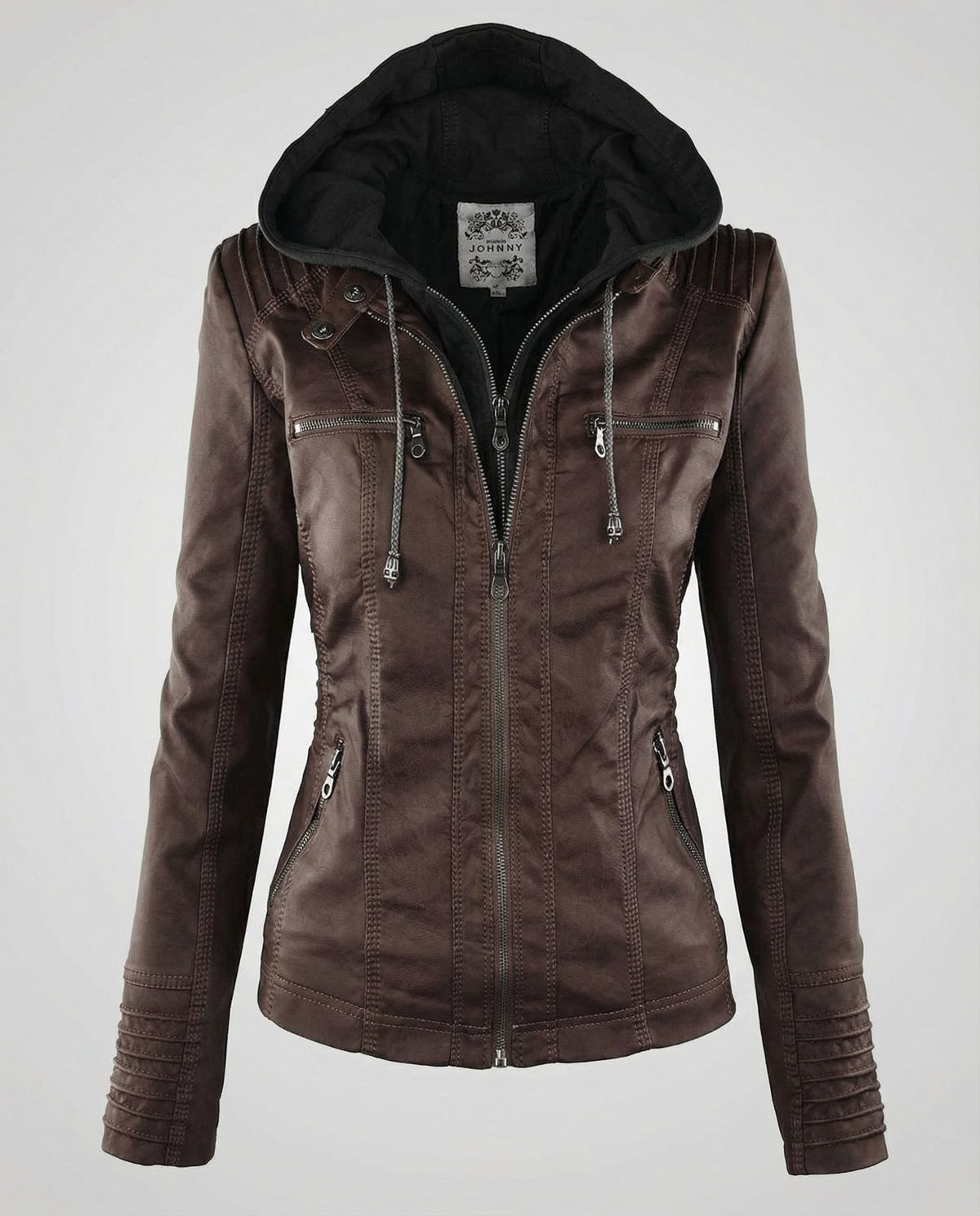 Veste effet cuir à capuche amovible, coloris marron