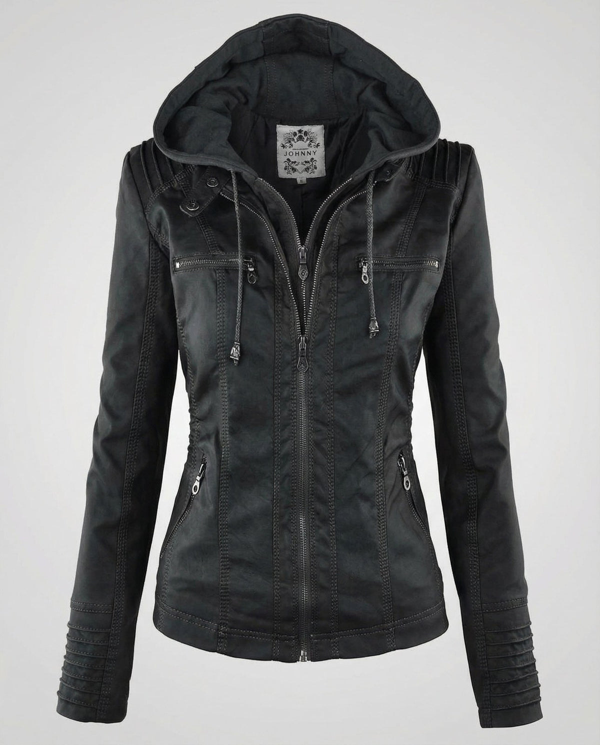 Veste effet cuir à capuche amovible, coloris noir