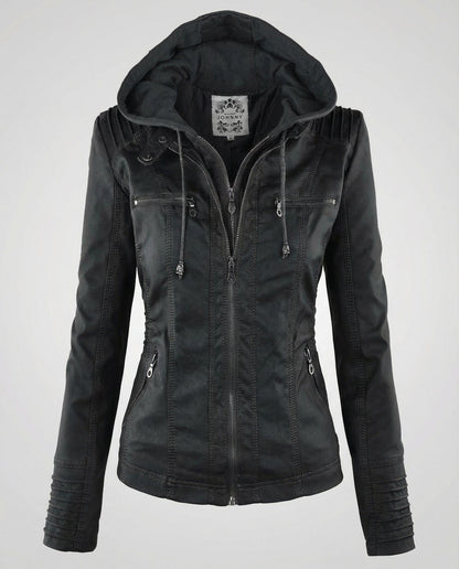 Veste effet cuir à capuche amovible, coloris noir