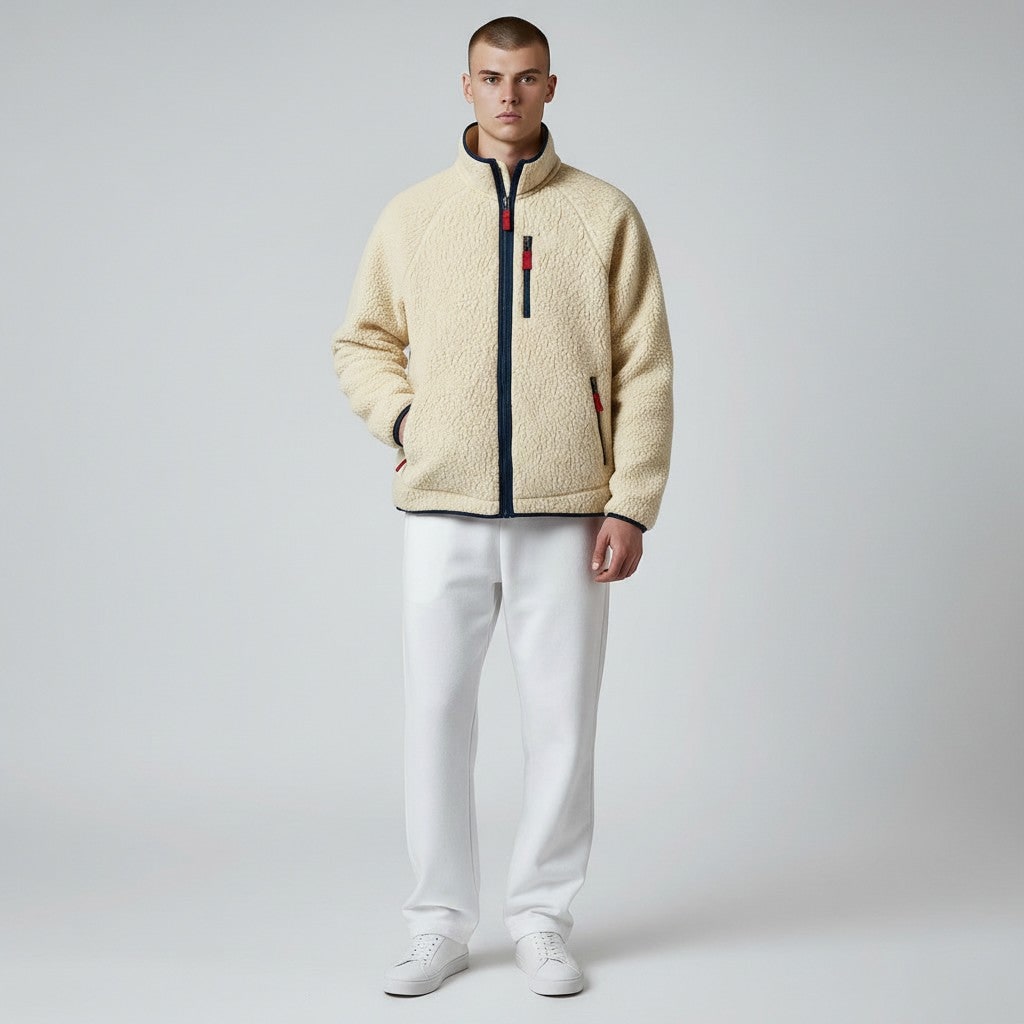 Veste polaire sherpa beige portée par un homme