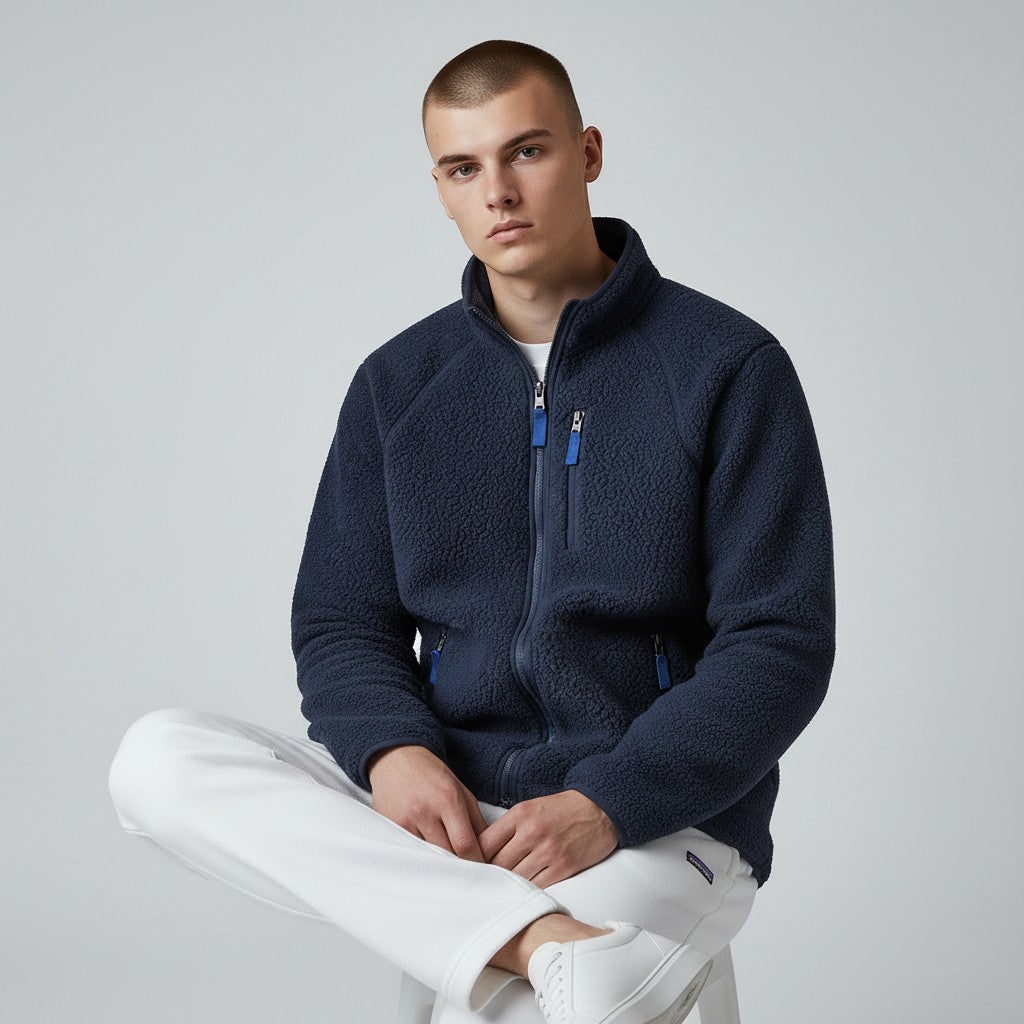 Veste polaire sherpa bleu marine portée par un homme