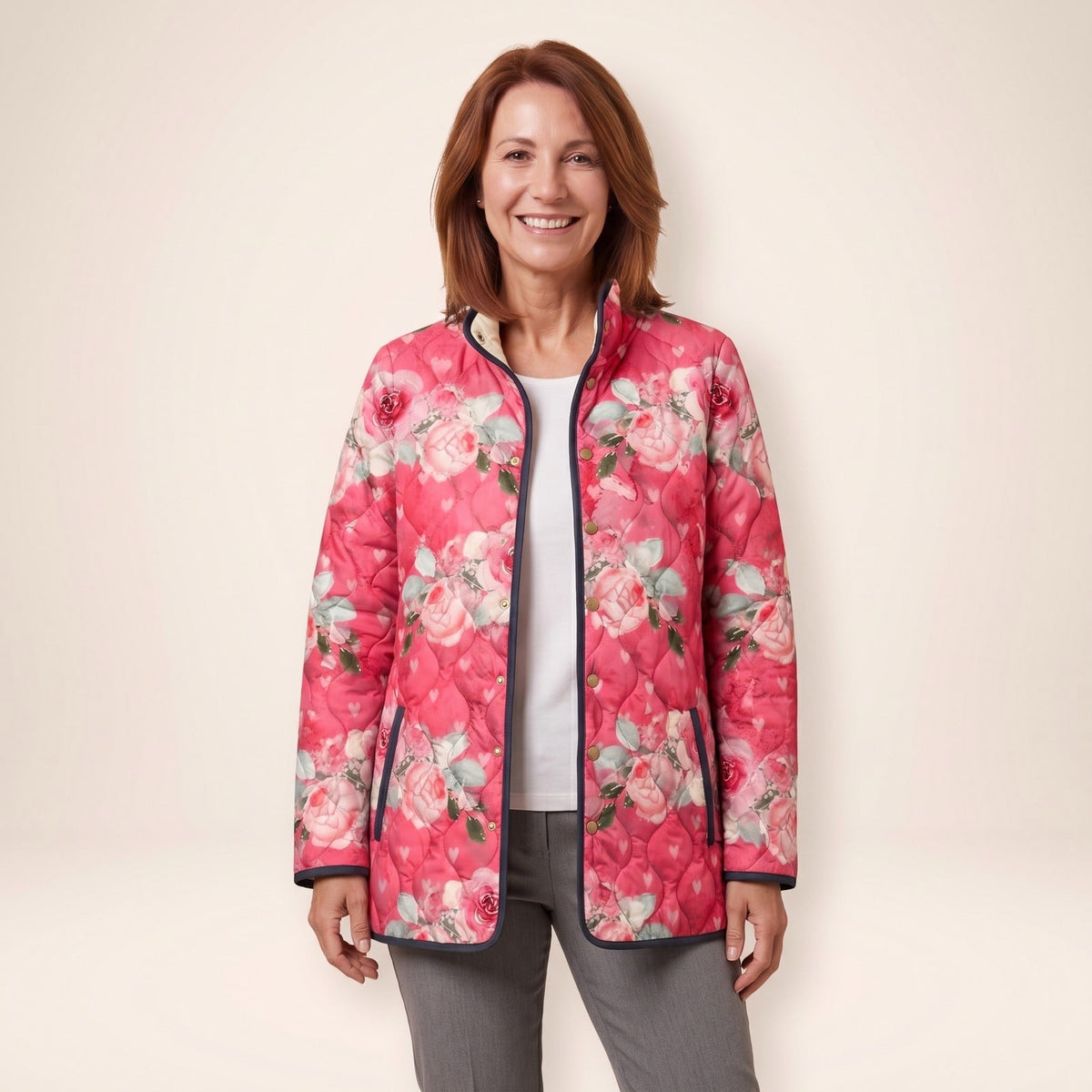 Veste matelassée femme rose à imprimé fleuri et col montant