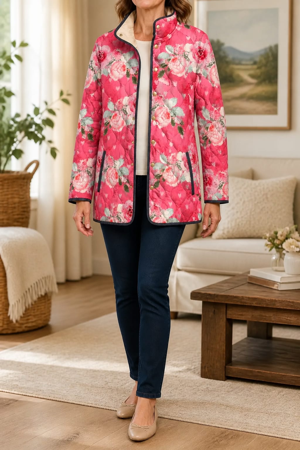 Veste matelassée femme rose à imprimé fleuri