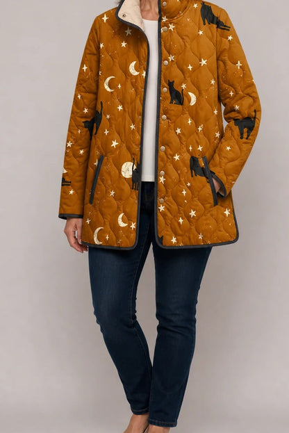 Veste matelassée femme moutarde à chats et étoiles
