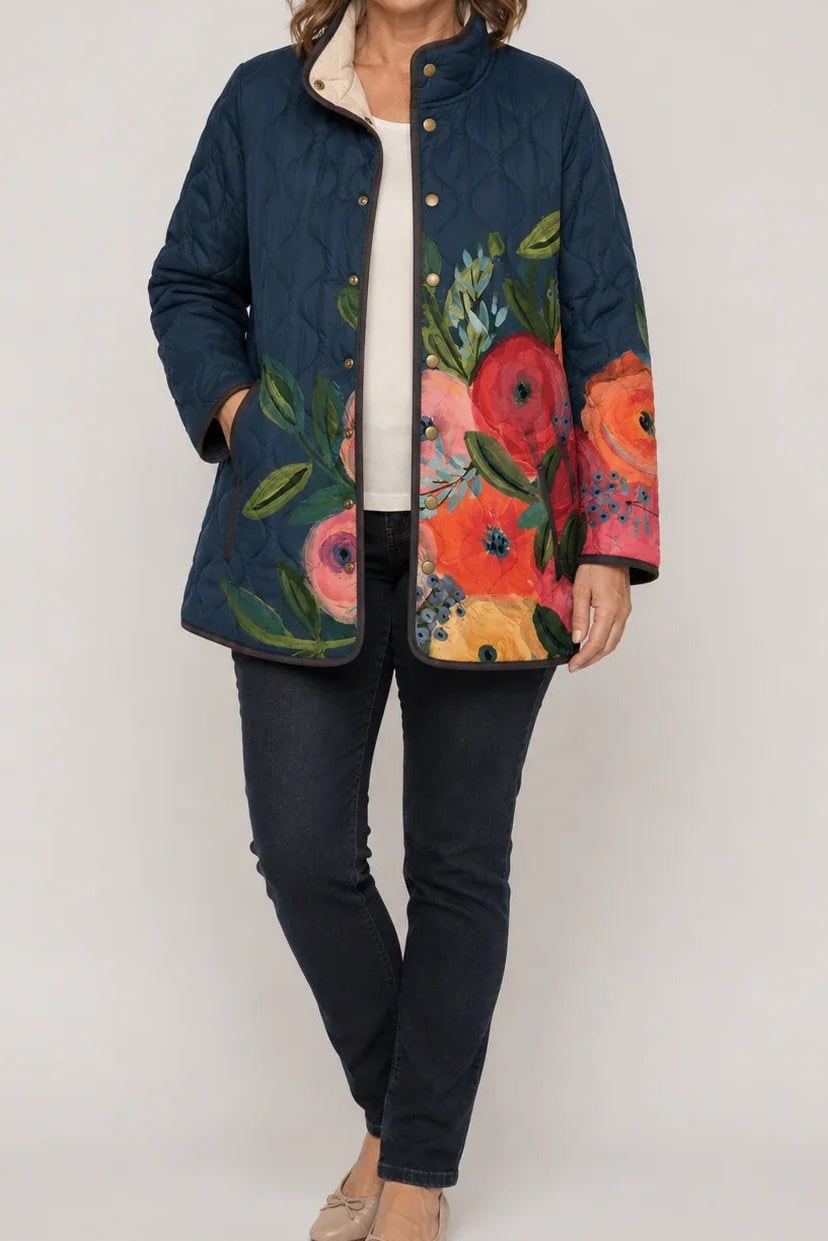 Veste matelassée femme bleu marine à rosiers