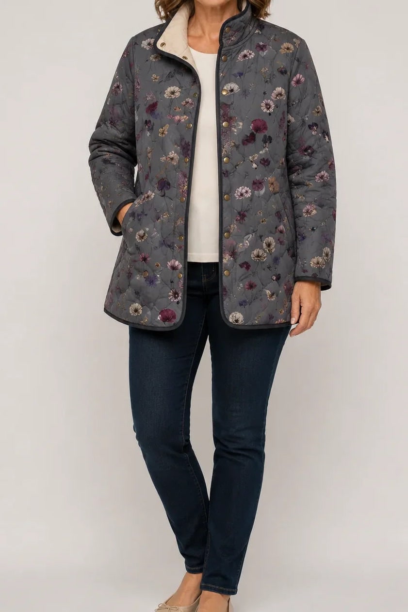Veste matelassée femme grise à fleurs sauvages