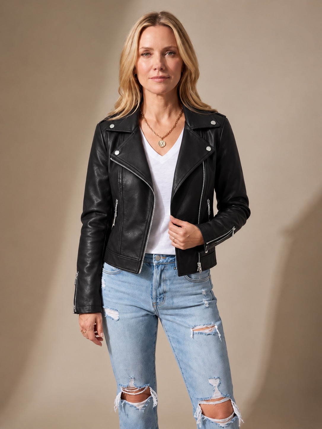 Veste de motard simili cuir femme, zip asymétrique 1