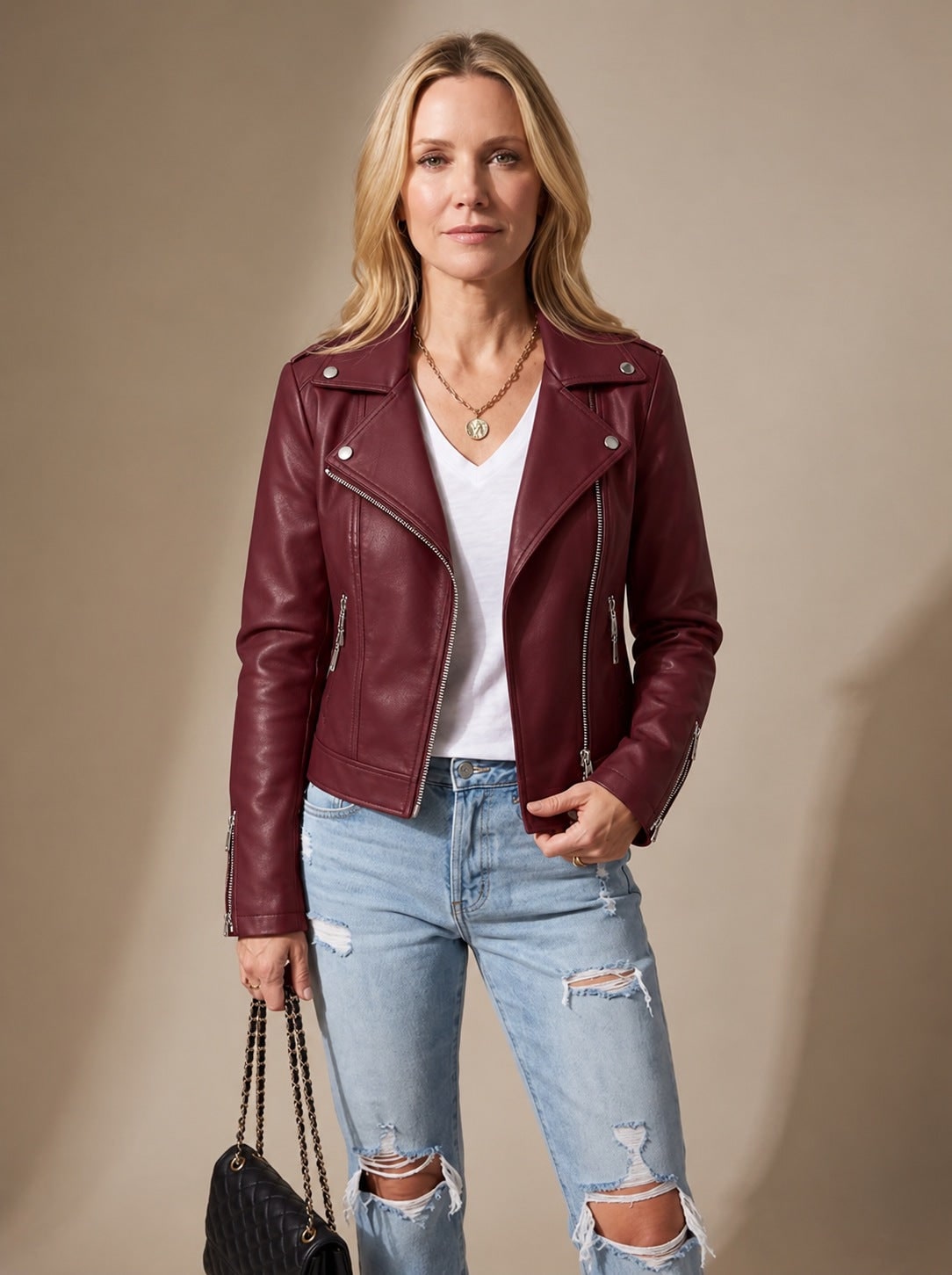 Veste de motard simili cuir femme, zip asymétrique 2