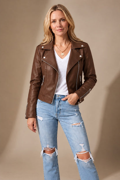 Veste de motard simili cuir femme, zip asymétrique 3