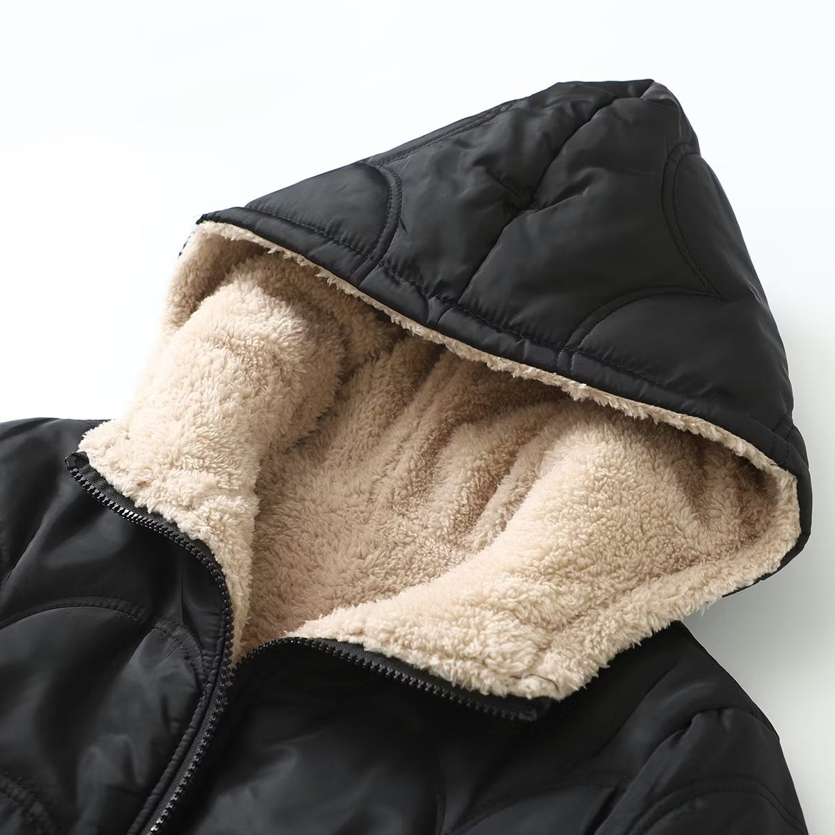 Veste à capuche doublée sherpa, coloris noir, vue 3